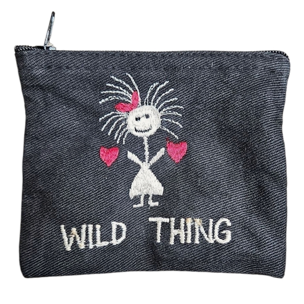 Vintage Y2K Coin Pouch Embroidered Stick Figure Girl W/Hearts & Spellout